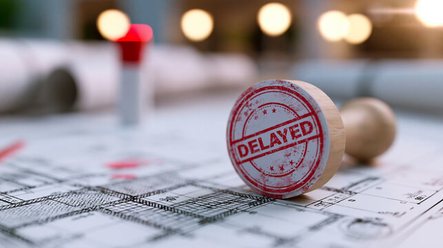 Red "DELAYED" stamp placed on architectural blueprints, representing construction setbacks and project timeline disruptions.