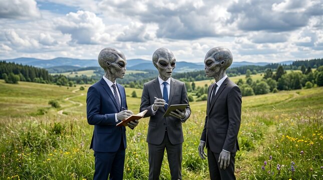 Three aliens in business suits having a meeting in a grassy field