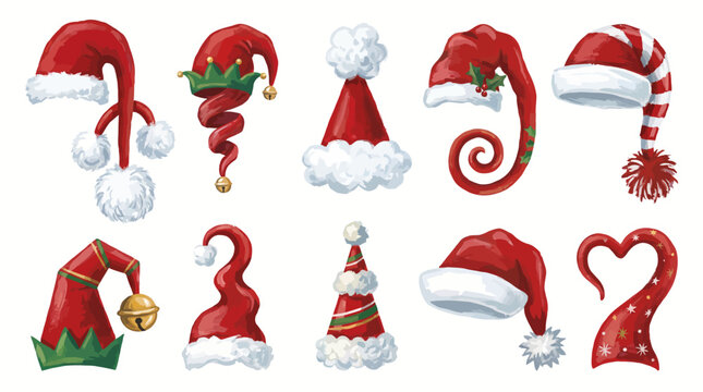 A collection of various festive red and white Christmas hats, including Santa and elf designs, with different shapes and decorations.