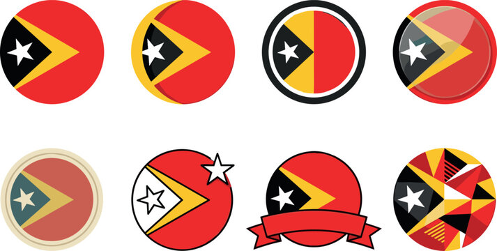 East Timor Flag Vector Set with Circular Badge and Ribbon Icons