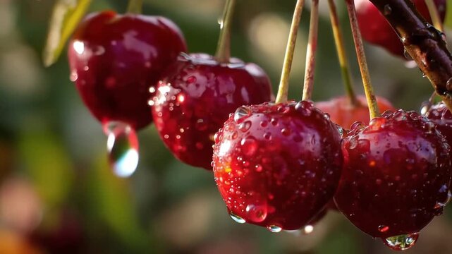 Cluster of ripe red cherries covered in sparkling water droplets hanging from a branch