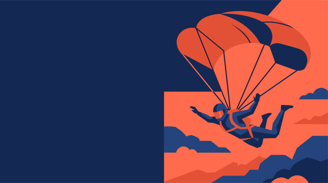 A skydiver in a blue jumpsuit with a red and blue parachute descends through orange clouds.