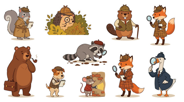 Cartoon illustration of cute forest animals dressed as detectives holding magnifying glasses and writing in notebooks