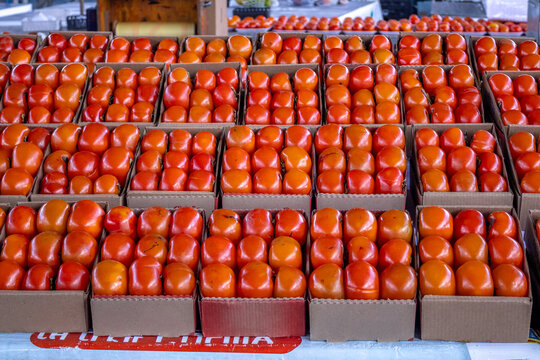Fresh Persimmons in Wholesale Packaging at an Outdoor Market