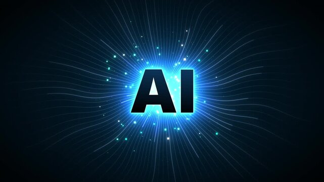 Glowing AI typography with radiating blue data lines and bursting particles. A 15-second seamless loop ideal for tech conference intro screens and corporate technology presentations.