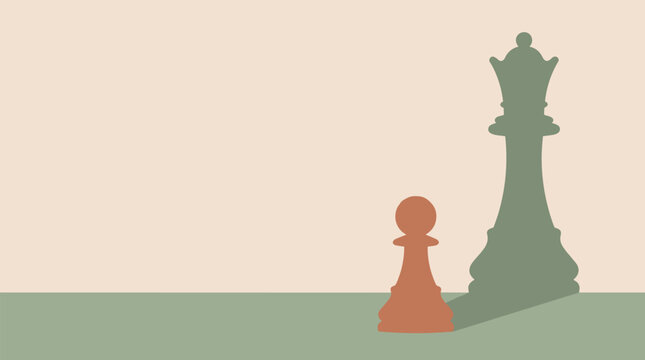 A small chess pawn casts a large shadow of a queen, symbolizing potential and ambition.