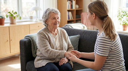 Obraz premium Happy Elderly Woman Holding Hands With Adult Daughter at Home