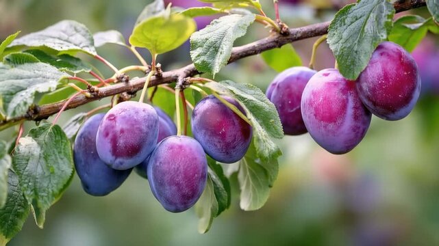 Fresh plums growing on a fruit tree branch in an orchard