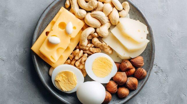 Keto snack nuts cheese boiled eggs arranged neatly plate minimal abstract food composition low carb diet idea