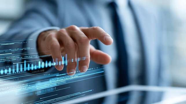 Close-up of a businessman processing datasets on a digital interface with predictive analytics and AI insights, global data analysis concept, digital dataset photography, big data