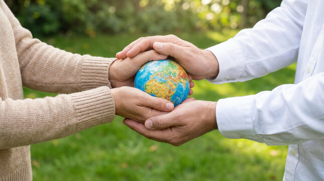 Two people collaborating to hold globe earth ball outdoors for global teamwork, environmental responsibility and sustainability partnership