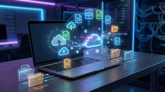 Cloud computing holographic storage icons with file folders on laptop for enterprise data management and server infrastructure technology