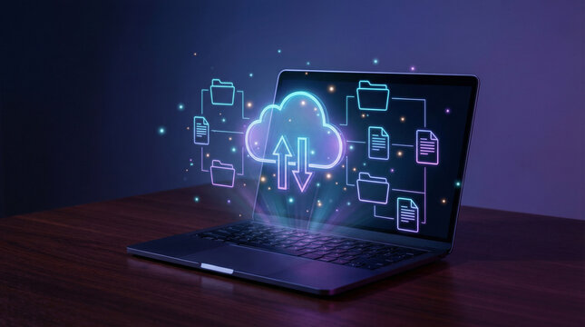 Cloud storage holographic upload download icons with file folders on laptop for digital data transfer and network infrastructure management