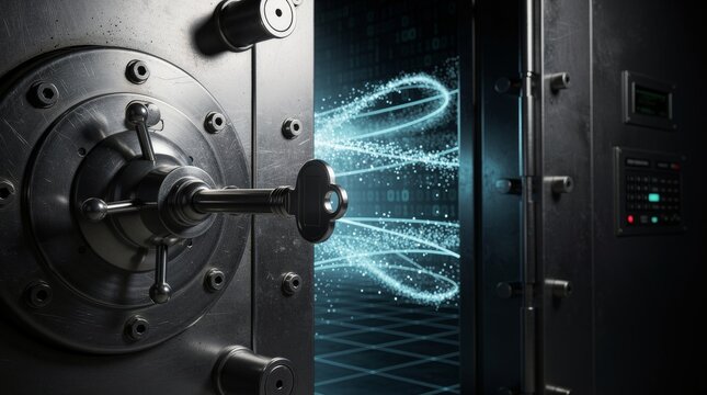 Opening a secure bank vault reveals glowing digital data streams