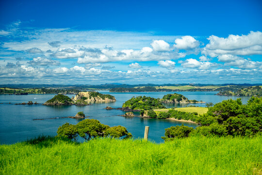 Bay of islands new zealand coastline with green islands