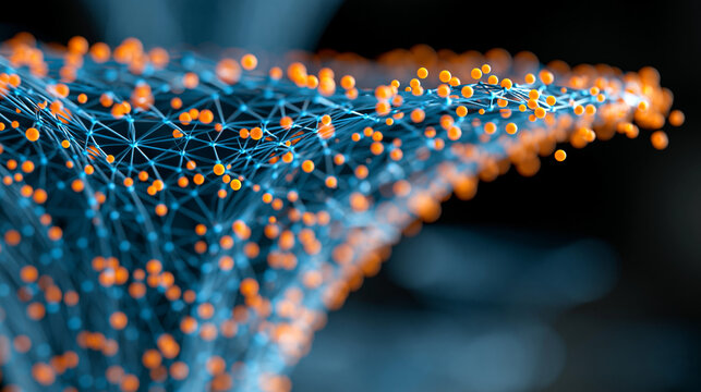 Close-up of an abstract blue wireframe funnel filtering glowing orange particles with data flow and network connections, data filtering concept, funnel particle photography, big