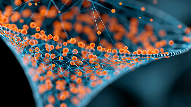 Close-up of an abstract blue wireframe funnel filtering glowing orange particles with data flow and network connections, data filtering concept, funnel particle photography, big