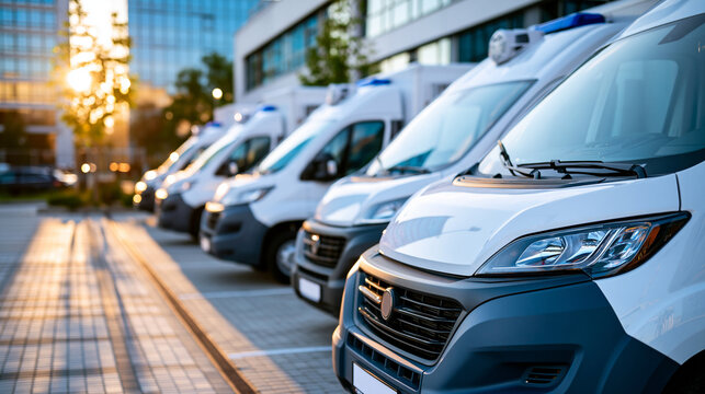 Delivery vans in a row outside a modern logistics hub in bright daylight professional logistics fleet scene
