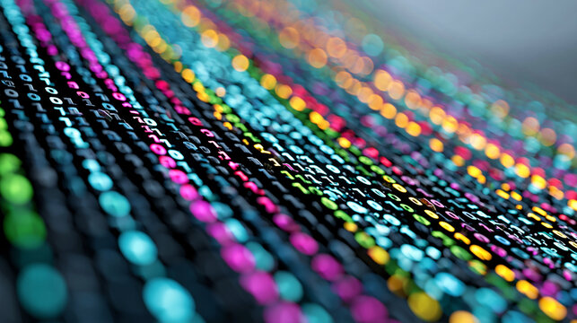 Close-up of a big data binary code flow with vibrant colors visualizing machine learning and quantum computing, quantum data concept, binary color flow photography, machine
