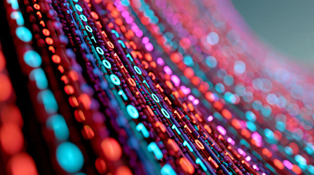 Close-up of a big data binary code flow with vibrant colors visualizing machine learning and quantum computing, quantum data concept, binary color flow photography, machine