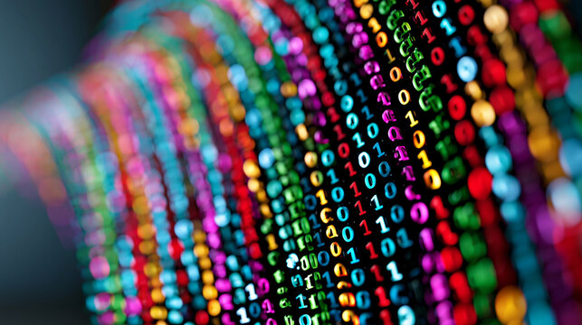 Close-up of a big data binary code flow with vibrant colors visualizing machine learning and quantum computing, quantum data concept, binary color flow photography, machine