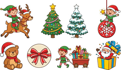 Naklejka premium Cute Christmas Cartoon Element Set Featuring Santa Claus Elves Reindeer Snowy Trees Teddy Bear and Gift Boxes for Festive Holiday Illustration Designs