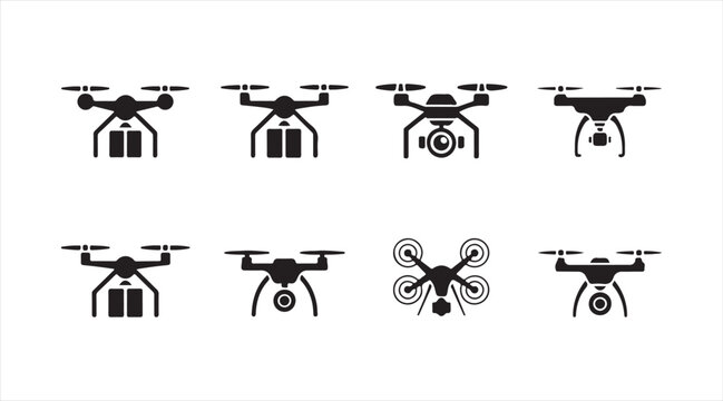 Unmanned aircraft and drone technology icon pack with remote aviation graphics isolated on white background