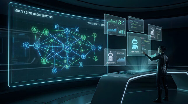 Visionary control of multi-agent AI systems A woman uses a holographic dashboard for advanced data orchestration in a futuristic command center environment