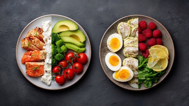 Keto weight loss concept before after food plates high carb vs ketogenic diet meals dramatic clean comparison minimalist layout