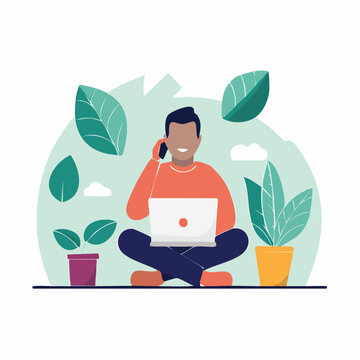Man working on laptop and talking on phone surrounded by plants