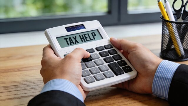 Close up of hands holding calculator displaying tax help text, accounting service, financial assistance, income tax return preparation and money management solution for small