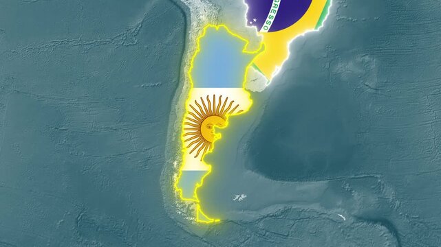 South America Map Animation Highlighting Brazil and Argentina with National Flags and Glowing Borders