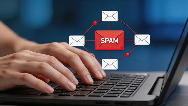 Hands typing on laptop keyboard with spam email filter network graphic, cybersecurity protection, junk mail blocking, digital communication safety, phishing attack prevention,