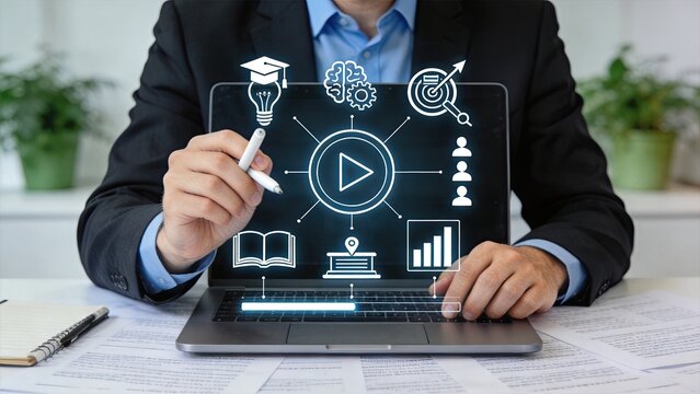 Man using stylus on laptop screen with education icons like graduation cap and brain, e-learning, online course, digital training, knowledge acquisition, skill development,