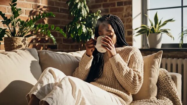 Woman with steaming mug relaxes on couch in warm sunlight