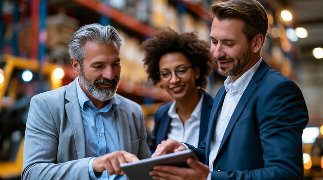 Business team reviewing logistics data on tablet inside modern warehouse, supply chain planning and professional collaboration
