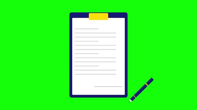 Contract signature animation on a green screen, a pen signs a document on a clipboard for business