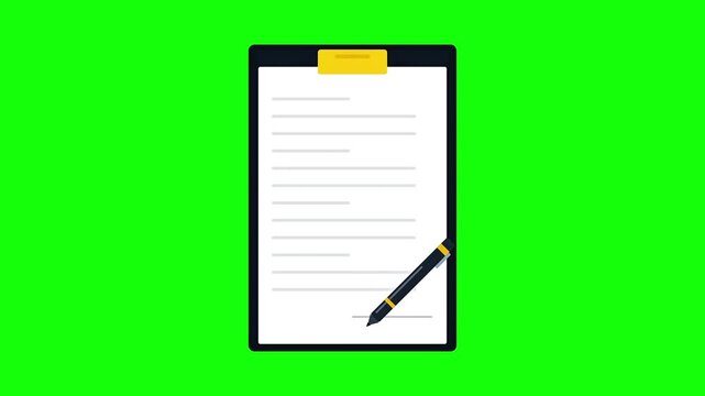 Animated signature on document clipboard with pen on green screen, contract signing concept
