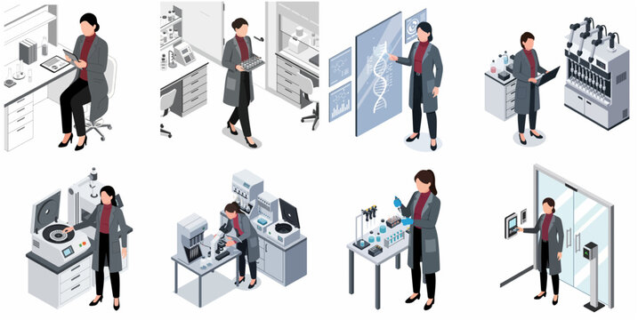 Isometric Set of Female Scientist Character Working in Modern Laboratory with High-Tech Research Equipment and Biotech Tools