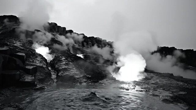 Black and white view of a geothermal area with boiling mud and erupting steam vents against a cloudy sky
