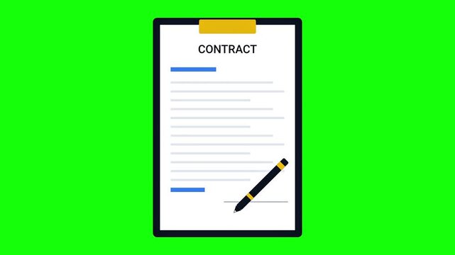 Animated contract document appearing on clipboard with pen signing agreement on green screen