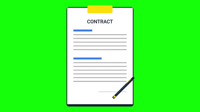 Contract signing animation, a digital pen signs a formal agreement document on a green screen background