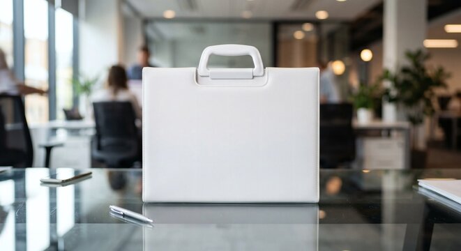 Blank white document brief case mockup on an office desk