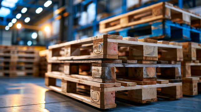 Wooden pallets stacked in a clean warehouse logistics space with soft side lighting for industrial storage and freight preparation