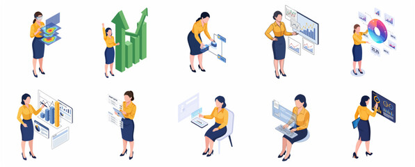 Fototapeta premium Isometric Businesswoman Character Set for Data Analysis, Technology, and Professional Presentation