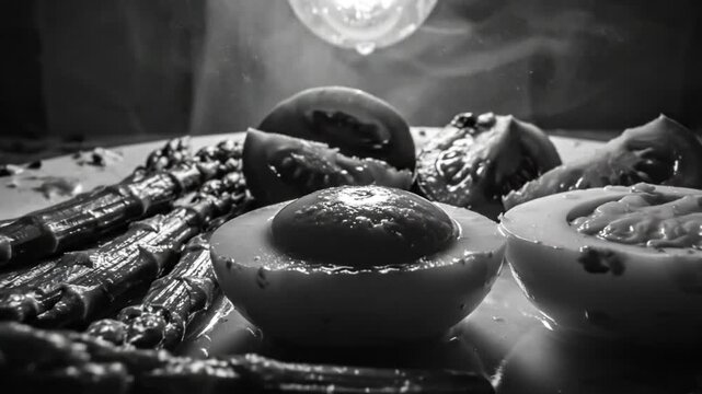 Black and white plate of asparagus, halved deviled eggs, and sliced tomatoes with steam and light