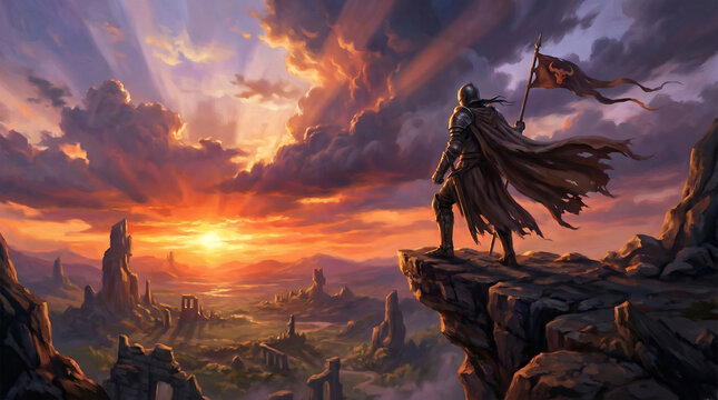A lone warrior stands on a high cliff overlooking a vast fantasy landscape at a dramatic sunset, holding a tattered flag.