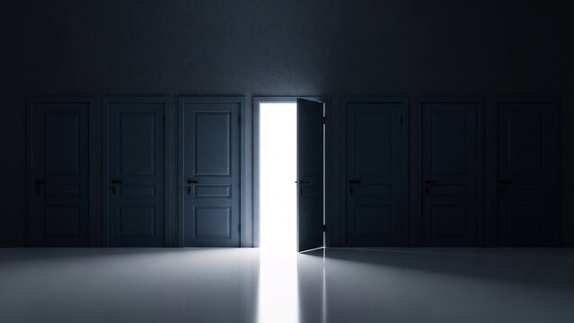 Mysterious open door emitting bright light in dark room with closed doors on the wall creating an intriguing and dramatic atmosphere for suspense or discovery themes
