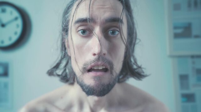 Time news world situation shock misunderstanding world gone crazy - Young man with long dark hair and beard showing calm, concern, confusion, surprise, worry, sadness, and thoughtful resignation