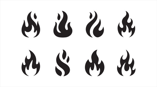 Minimal fire icon collection with decorative blaze graphics for energy, danger, and hot temperature concepts